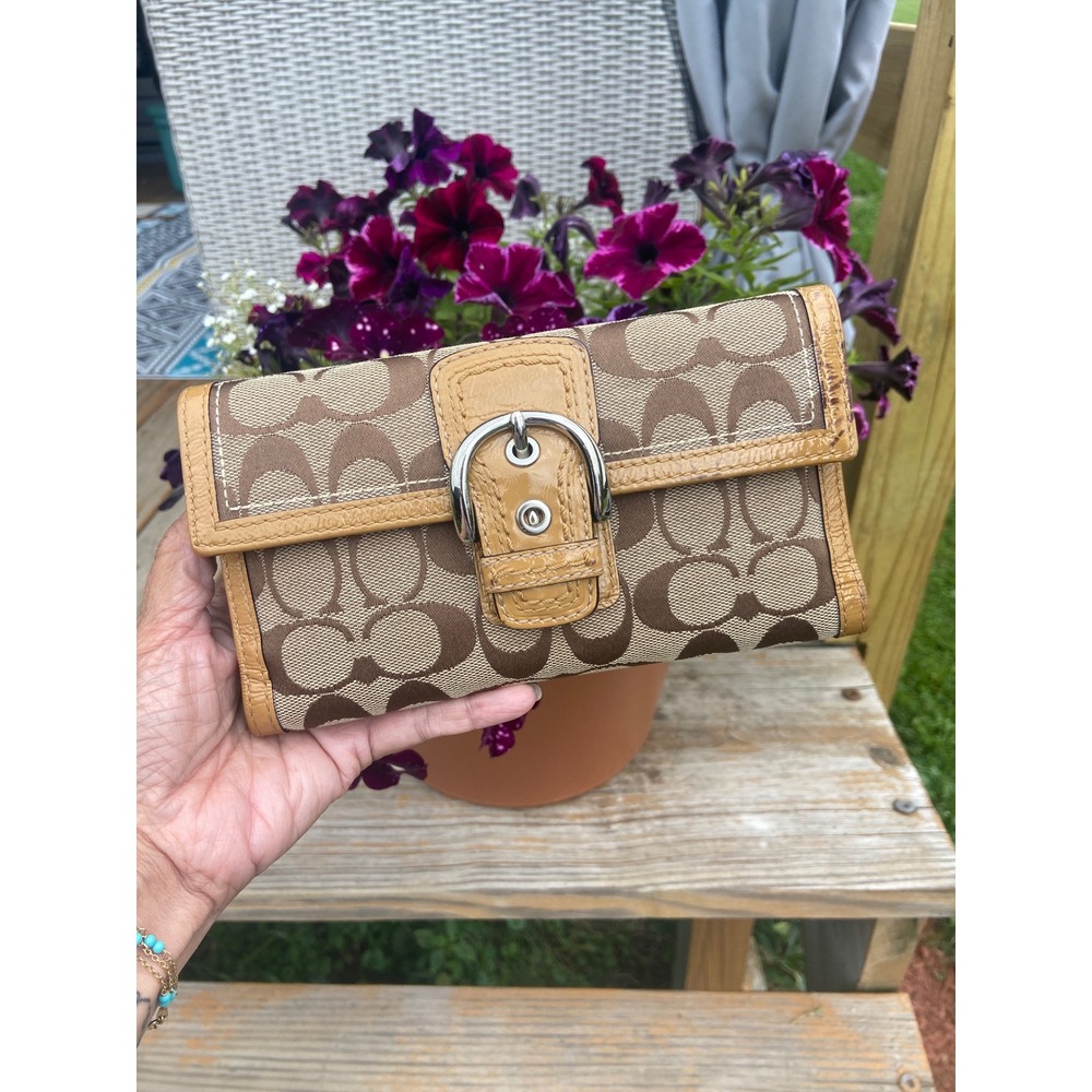 Vintage Y2K Coach Signature Canvas Checkbook Wallet Brown Tan Buckle Tri-fold